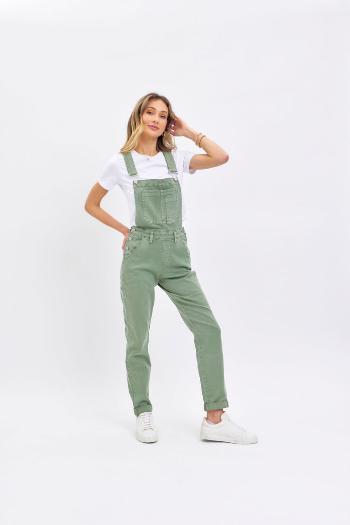 Judy Blue Garment Dyed High Waist Double Cuffed Boyfriend Overalls - Sage Green