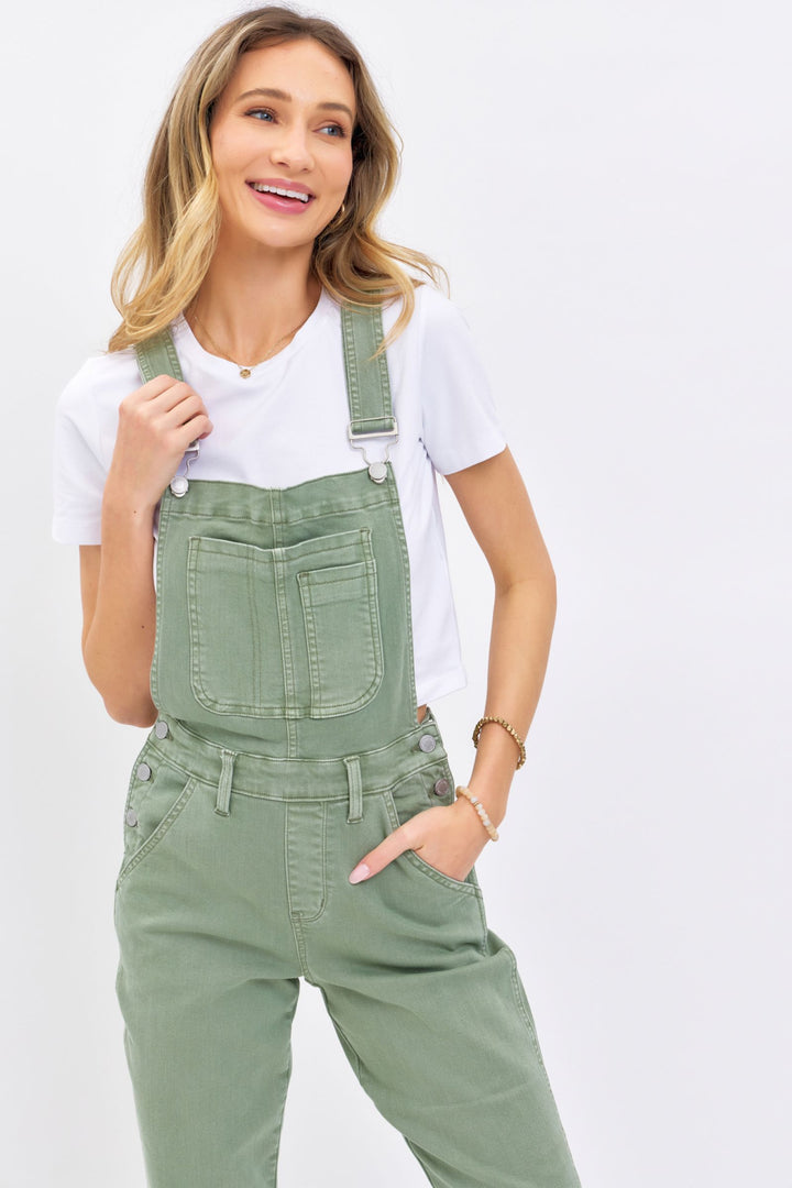 Judy Blue Garment Dyed High Waist Double Cuffed Boyfriend Overalls - Sage Green