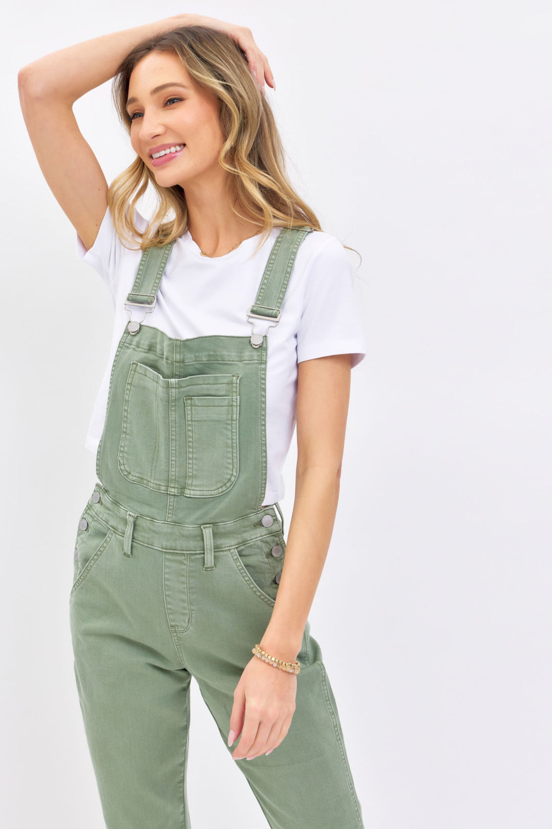 Judy Blue Garment Dyed High Waist Double Cuffed Boyfriend Overalls - Sage Green