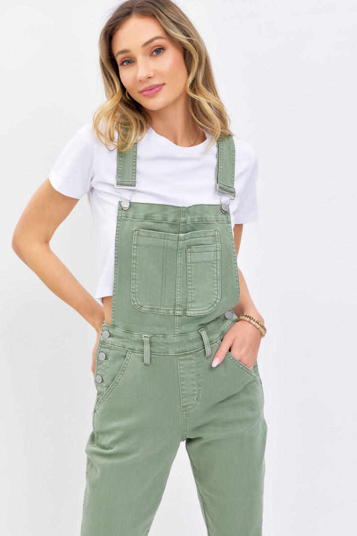 Judy Blue Garment Dyed High Waist Double Cuffed Boyfriend Overalls - Sage Green