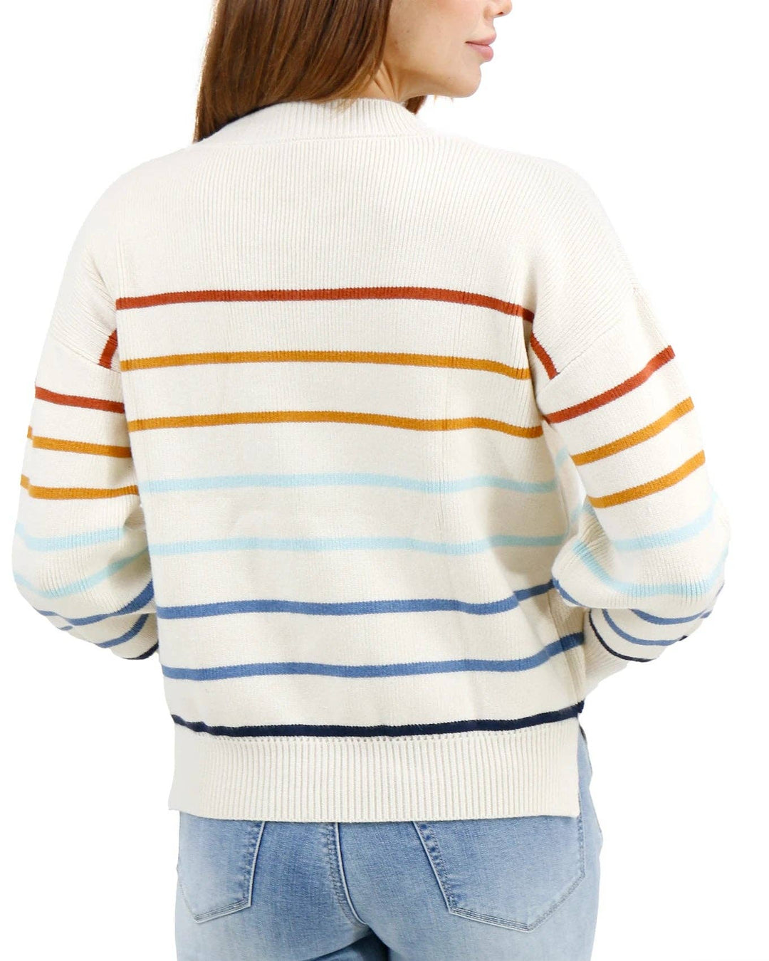 Crew Neck Striped Sweater in Ivory-Multi Stripe