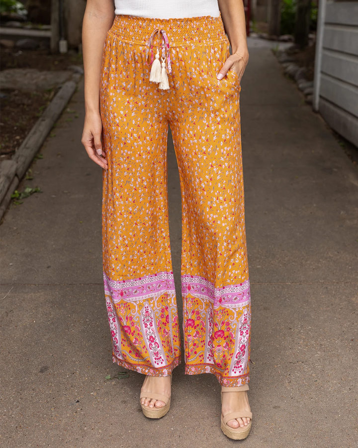 Grace and Lace Floral Print Wide Leg Pants in Mustard