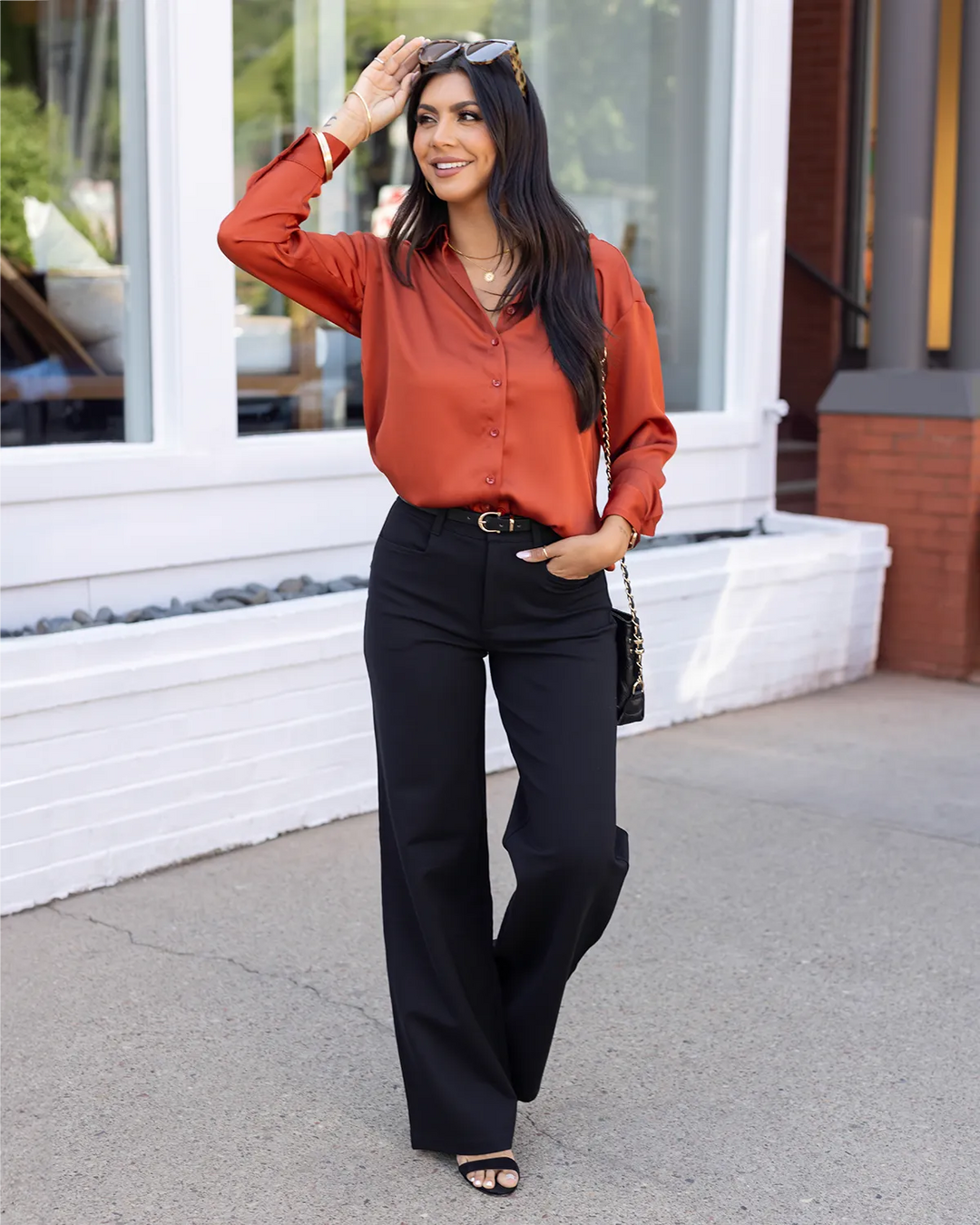 Satin Button Down Top In Rust