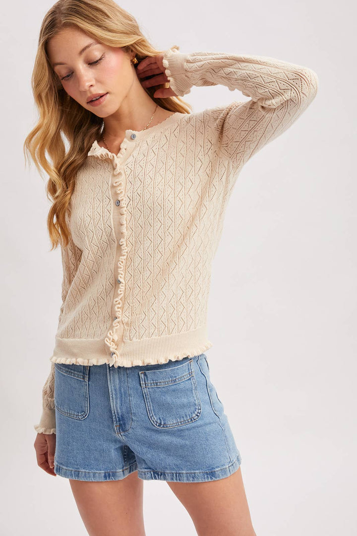Pointelle Knit Button Down Cardi - Natural