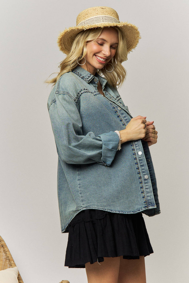 Oversized Denim Button-Up Shirt with Ornamental Embroidery