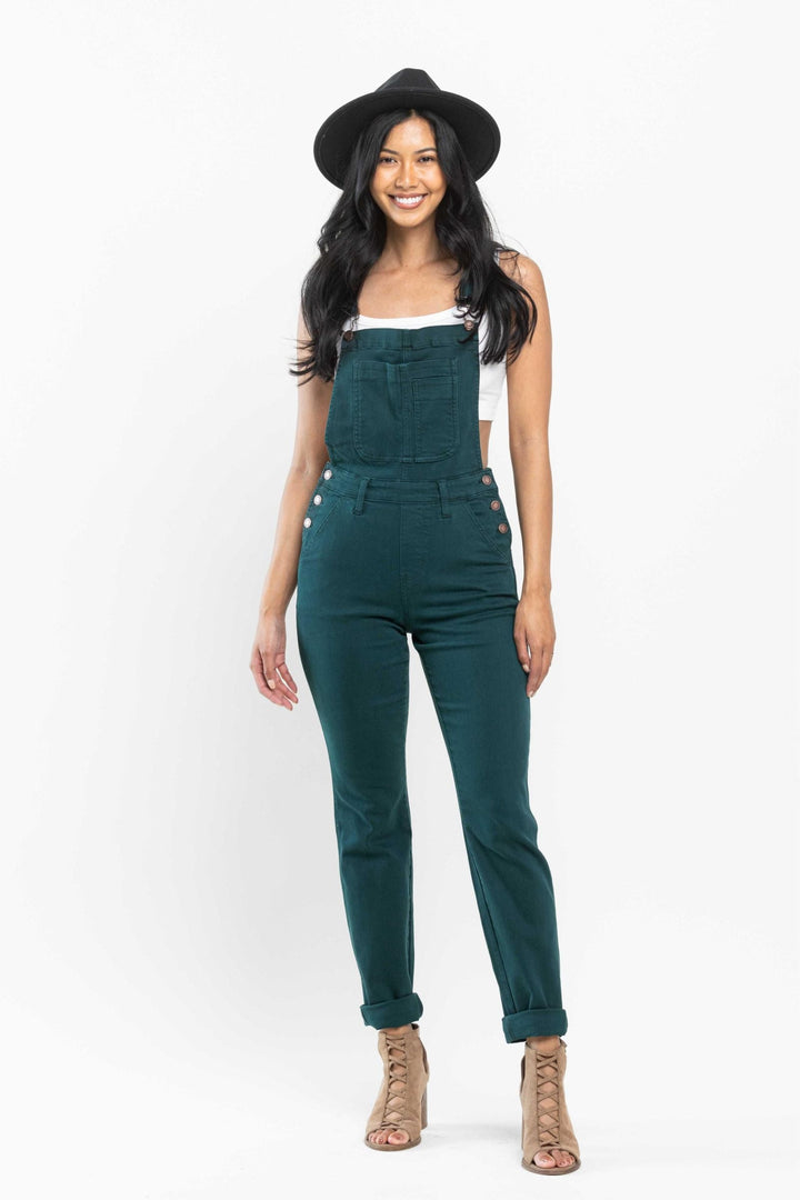 Judy Blue Garment Dyed High Rise Double Cuffed Overalls - Teal Green