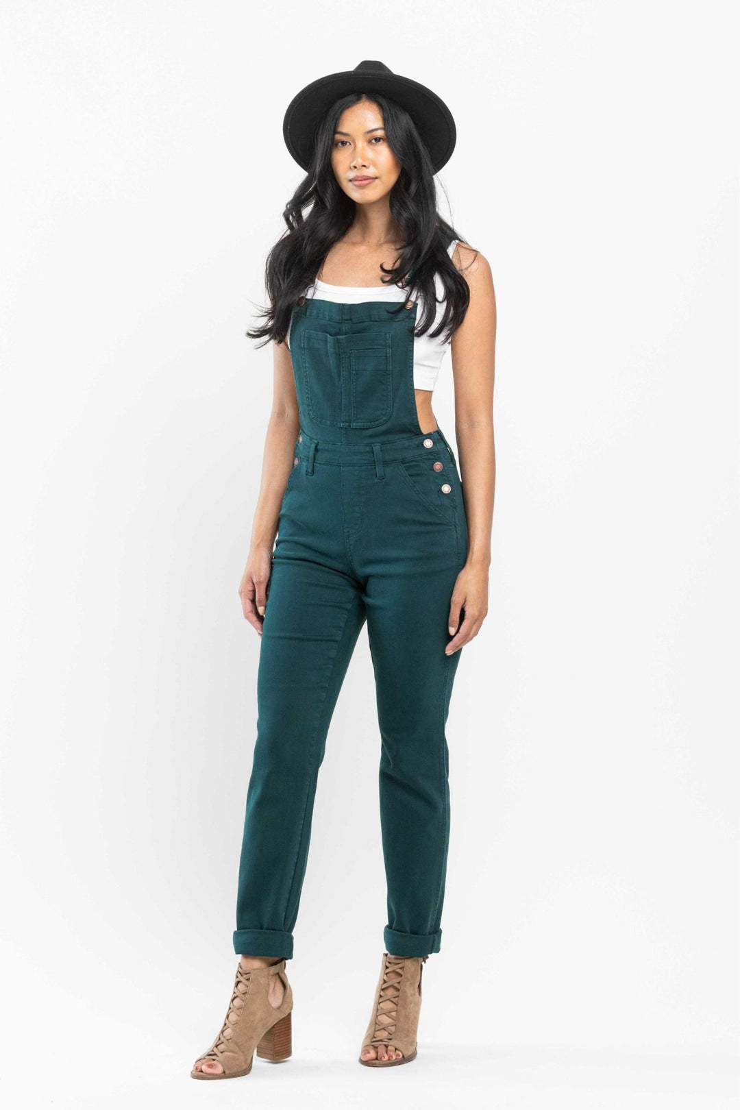 Judy Blue Garment Dyed High Rise Double Cuffed Overalls - Teal Green