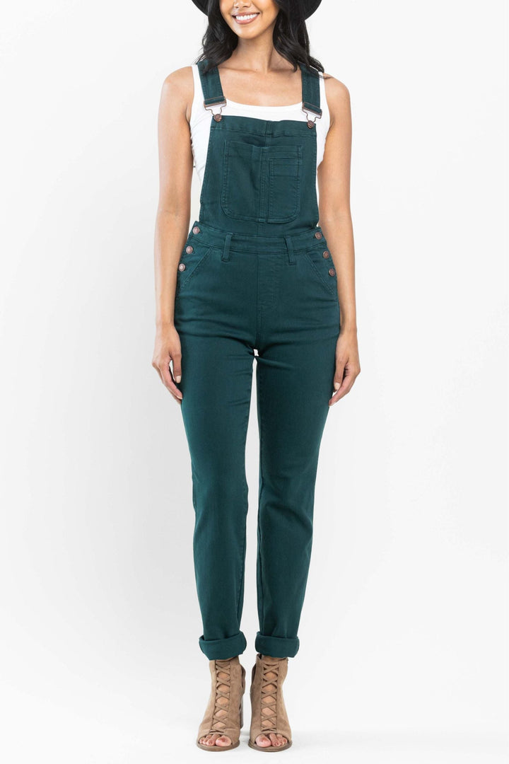 Judy Blue Garment Dyed High Rise Double Cuffed Overalls - Teal Green