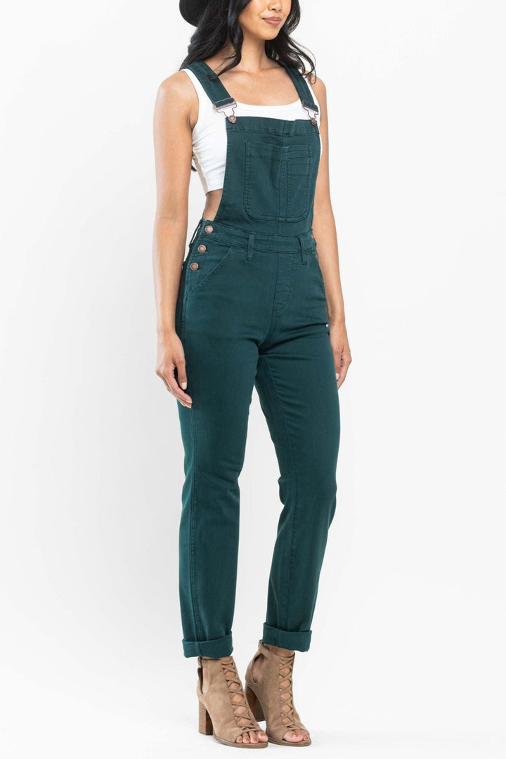 Judy Blue Garment Dyed High Rise Double Cuffed Overalls - Teal Green