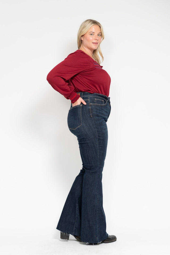 Judy Blue High Waist Raw Hem Flare Jeans - Plus Size