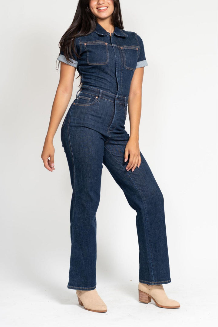 Judy Blue High Waist Tummy Control Jumpsuit Straight Leg Dark Wash Denim