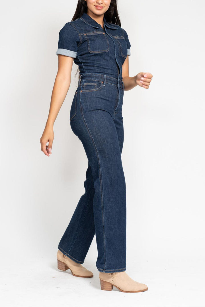 Judy Blue High Waist Tummy Control Jumpsuit Straight Leg Dark Wash Denim