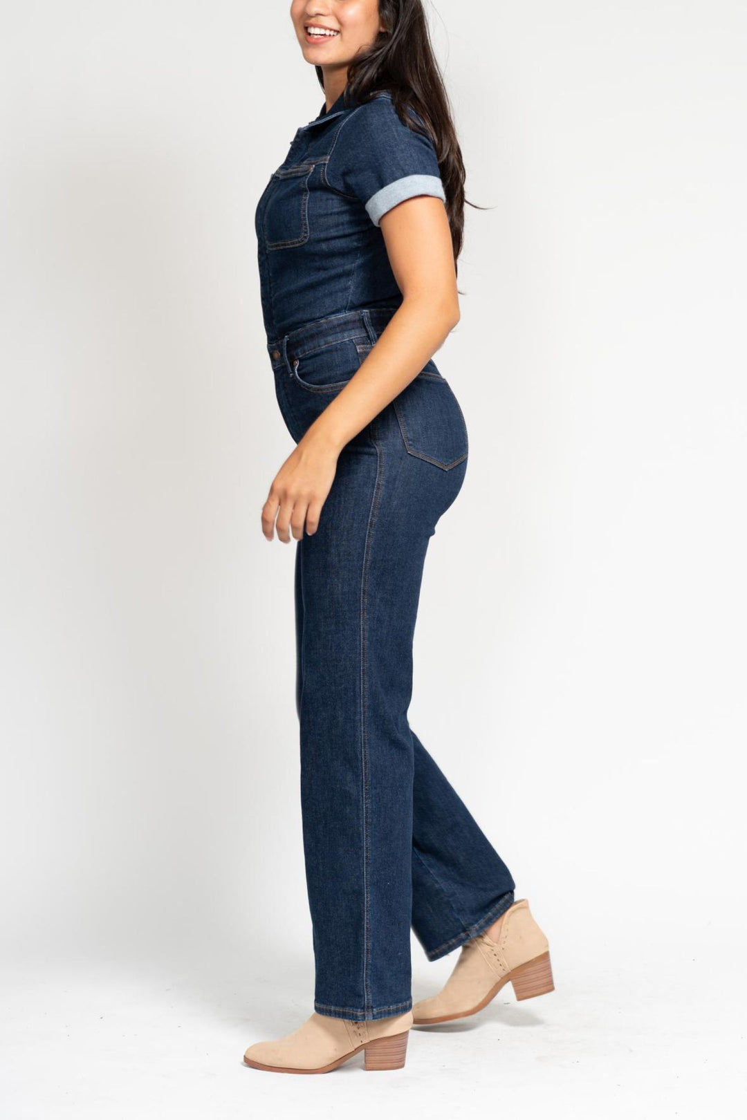 Judy Blue High Waist Tummy Control Jumpsuit Straight Leg Dark Wash Denim