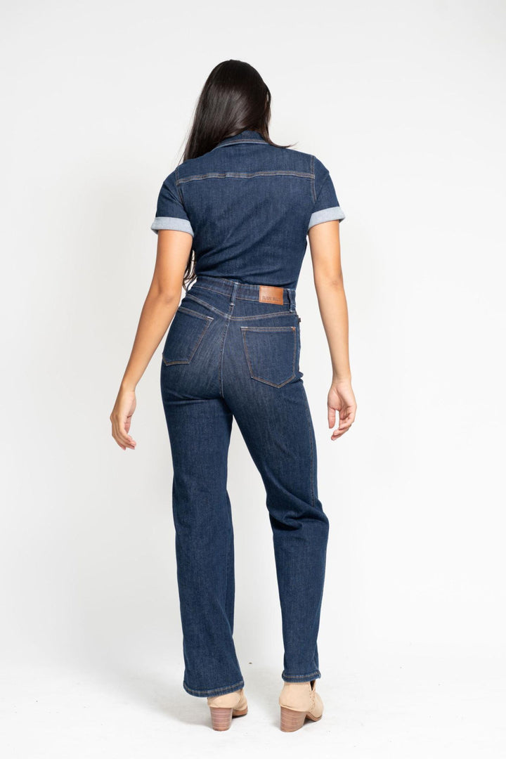 Judy Blue High Waist Tummy Control Jumpsuit Straight Leg Dark Wash Denim