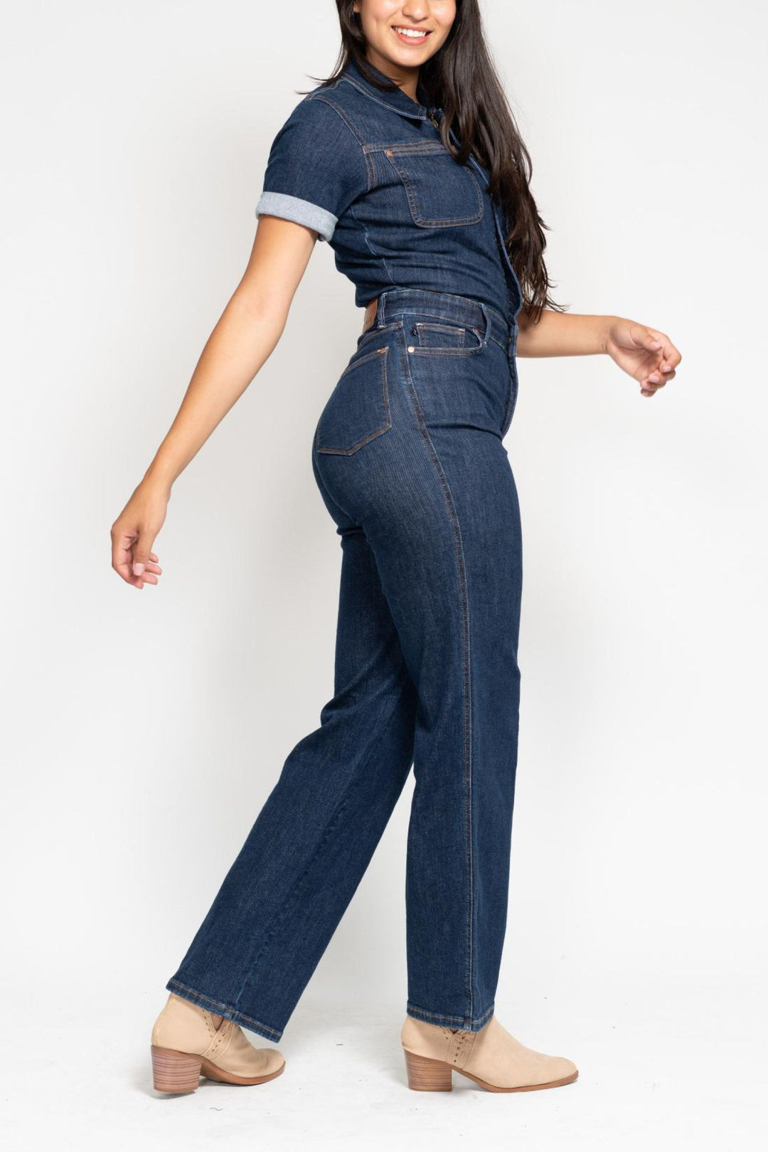 Judy Blue High Waist Tummy Control Jumpsuit Straight Leg Dark Wash Denim