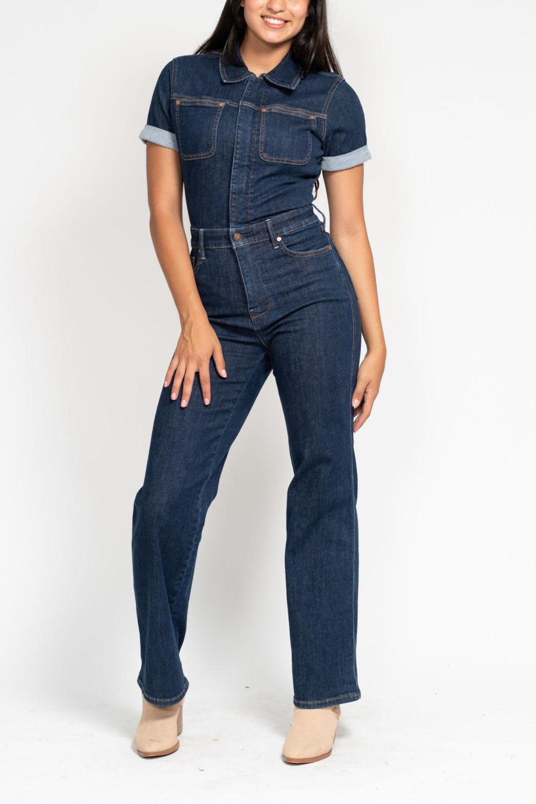 Judy Blue High Waist Tummy Control Jumpsuit Straight Leg Dark Wash Denim