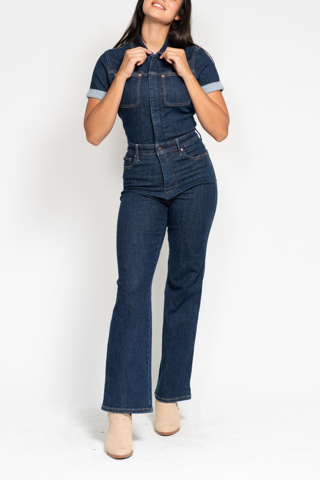 Judy Blue High Waist Tummy Control Jumpsuit Straight Leg Dark Wash Denim