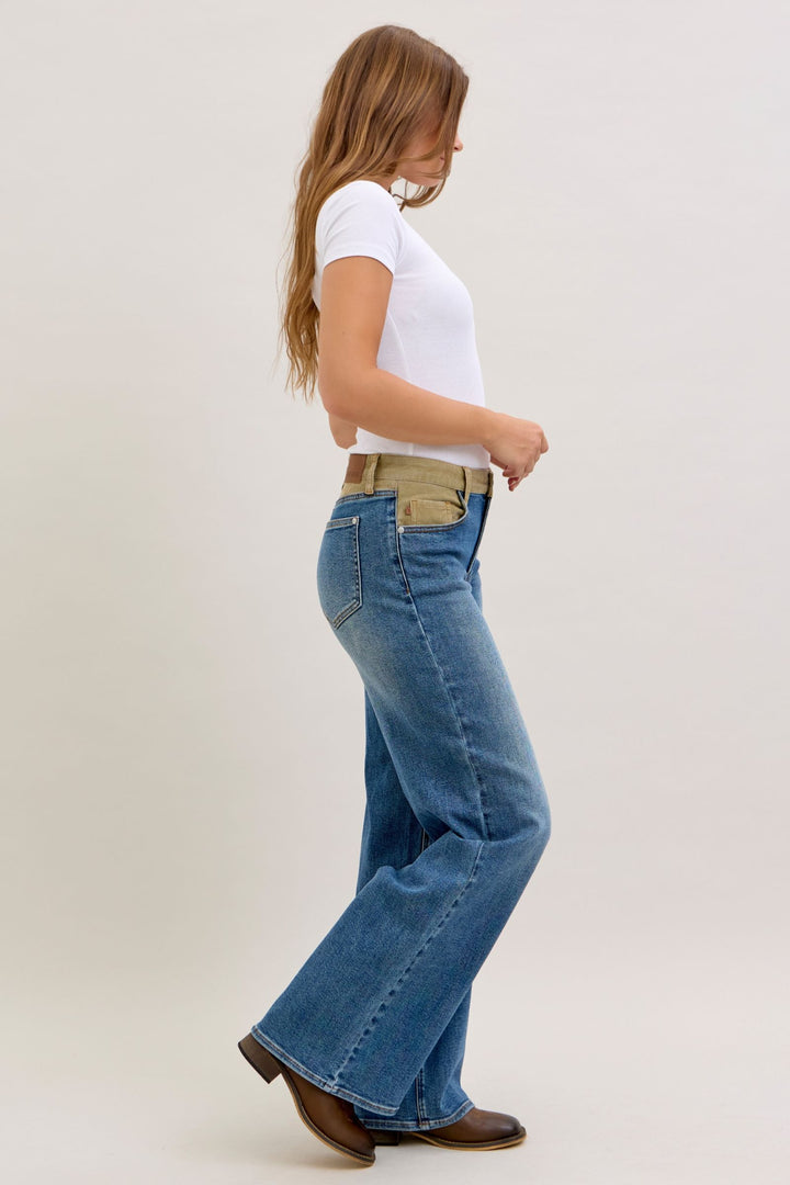 Judy Blue Mid Rise Column Straight with Corduroy Waist Detail Jeans