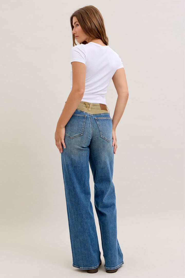 Judy Blue Mid Rise Column Straight with Corduroy Waist Detail Jeans