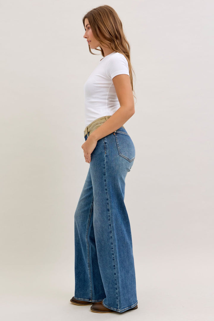 Judy Blue Mid Rise Column Straight with Corduroy Waist Detail Jeans