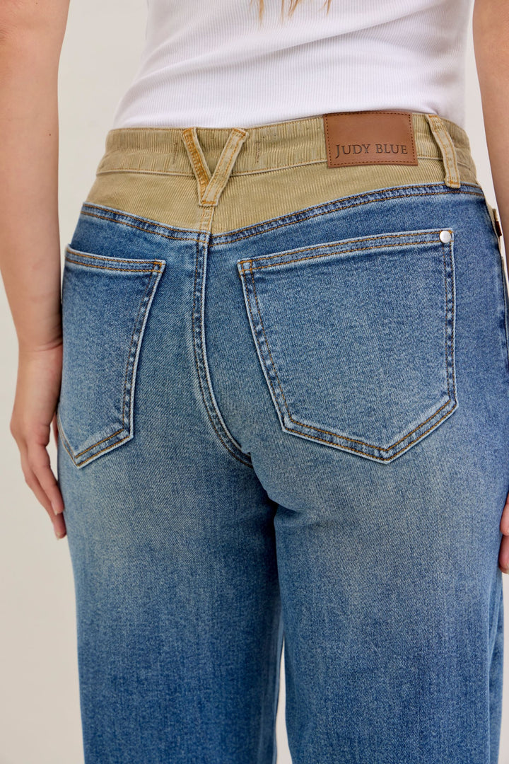 Judy Blue Mid Rise Column Straight with Corduroy Waist Detail Jeans