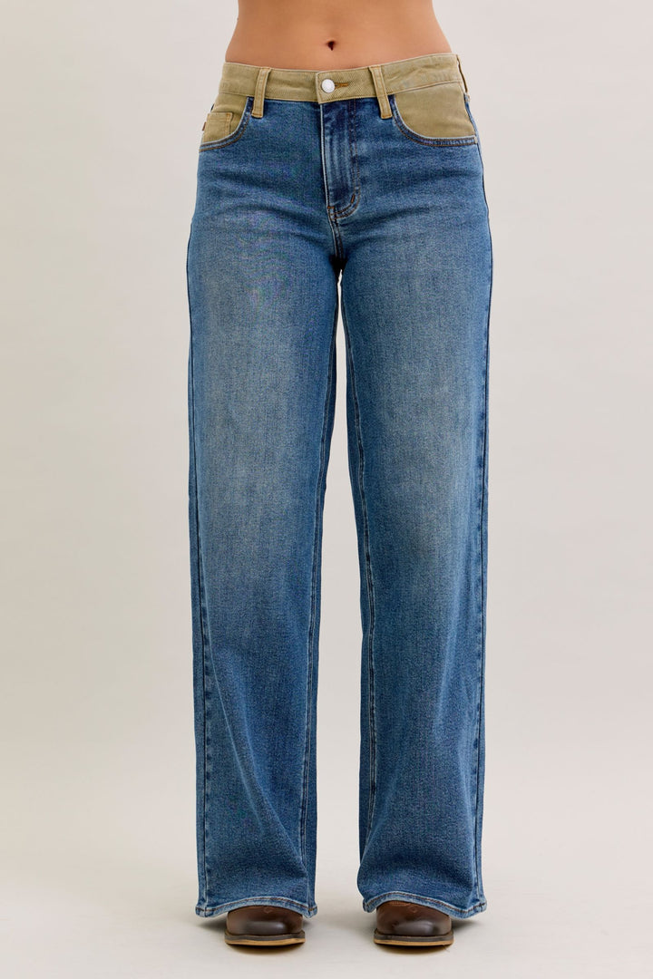 Judy Blue Mid Rise Column Straight with Corduroy Waist Detail Jeans