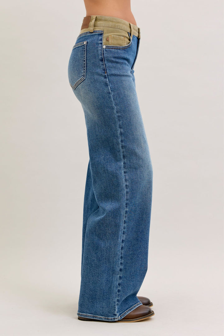 Judy Blue Mid Rise Column Straight with Corduroy Waist Detail Jeans
