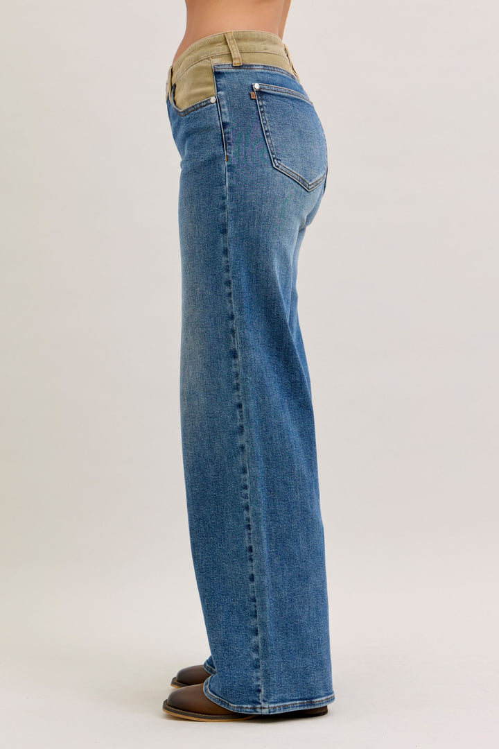 Judy Blue Mid Rise Column Straight with Corduroy Waist Detail Jeans