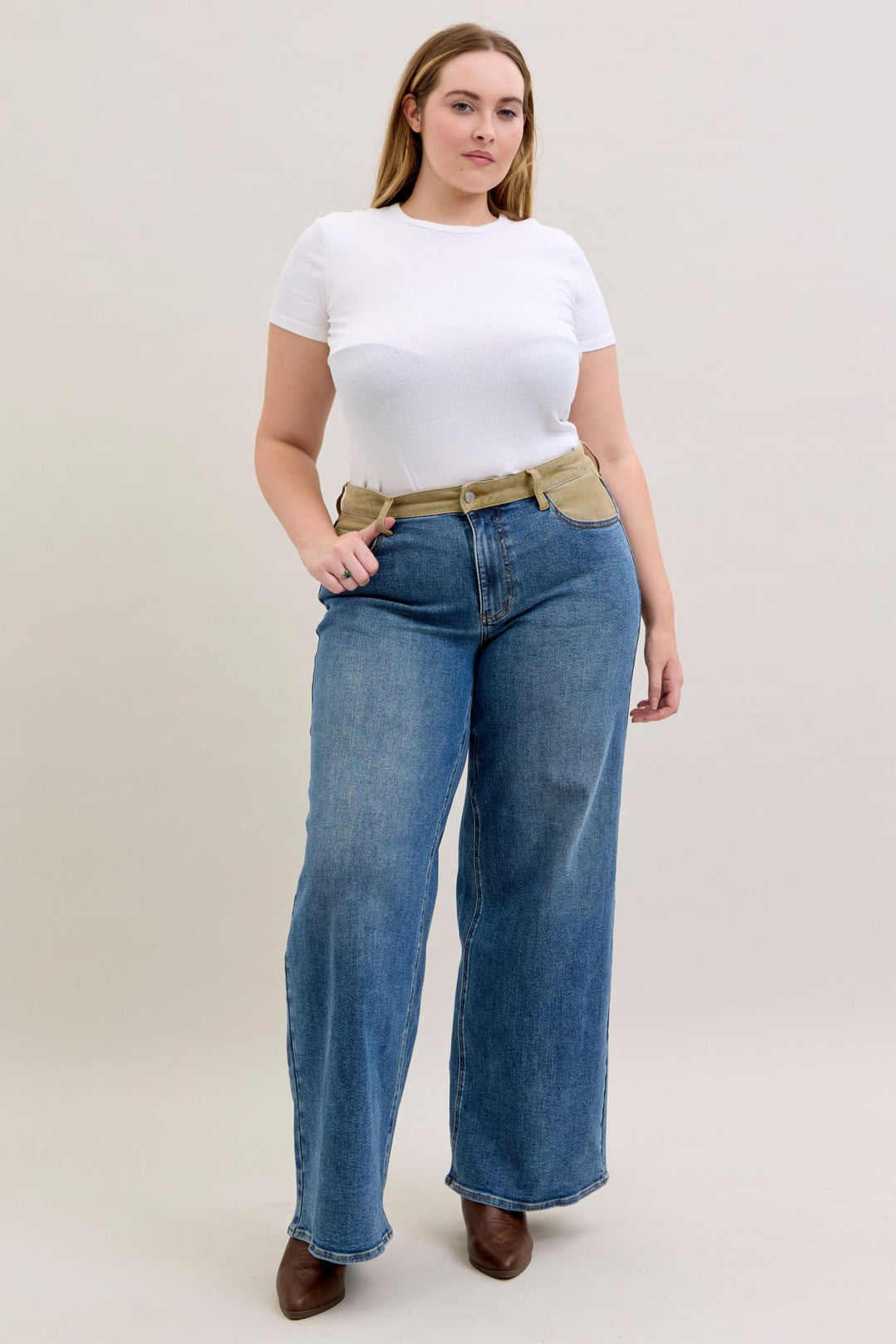 Judy Blue Mid Rise Column Straight with Corduroy Waist Detail Jeans - Plus Sizes