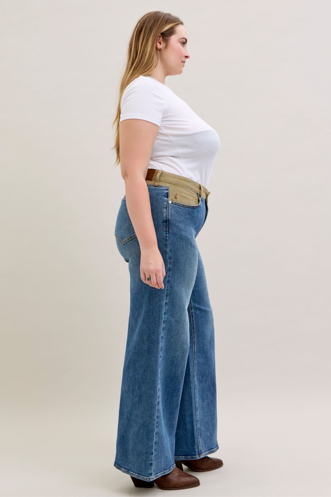 Judy Blue Mid Rise Column Straight with Corduroy Waist Detail Jeans - Plus Sizes