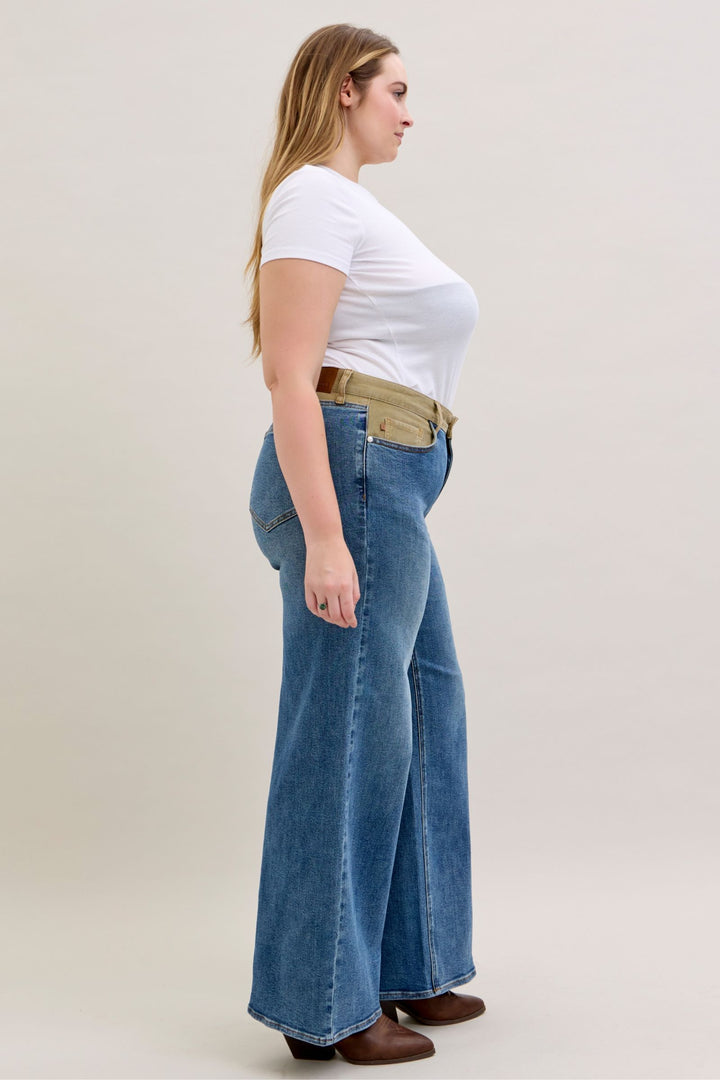 Judy Blue Mid Rise Column Straight with Corduroy Waist Detail Jeans - Plus Sizes