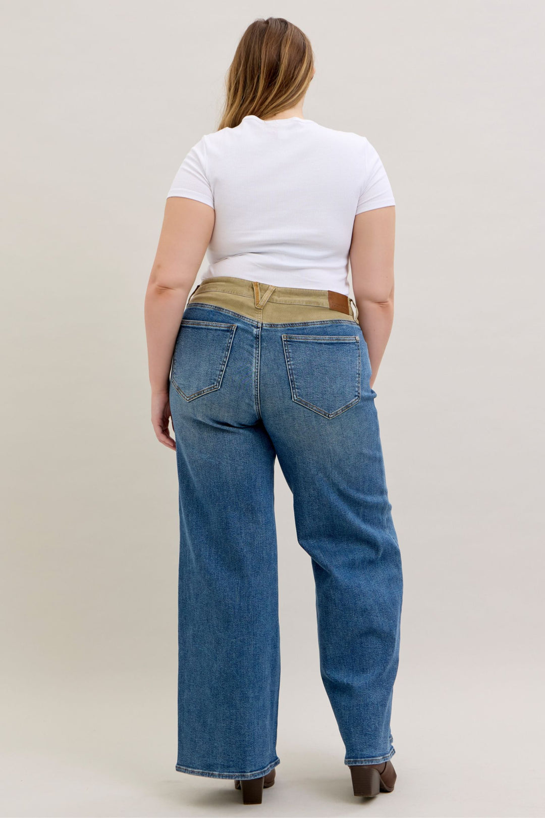 Judy Blue Mid Rise Column Straight with Corduroy Waist Detail Jeans - Plus Sizes