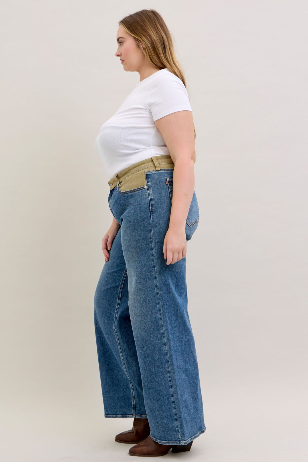Judy Blue Mid Rise Column Straight with Corduroy Waist Detail Jeans - Plus Sizes