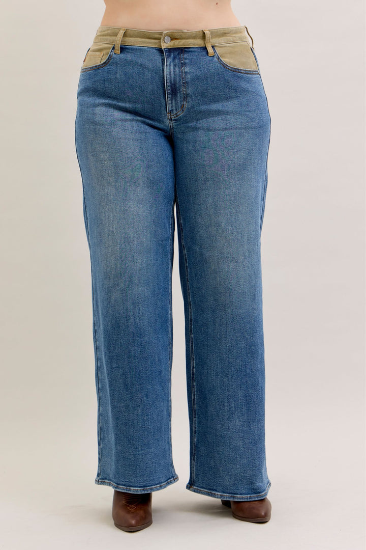Judy Blue Mid Rise Column Straight with Corduroy Waist Detail Jeans - Plus Sizes