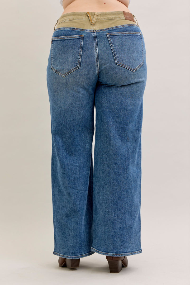 Judy Blue Mid Rise Column Straight with Corduroy Waist Detail Jeans - Plus Sizes