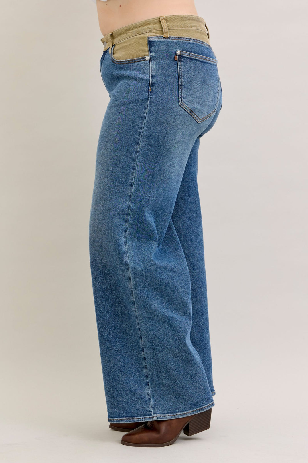 Judy Blue Mid Rise Column Straight with Corduroy Waist Detail Jeans - Plus Sizes