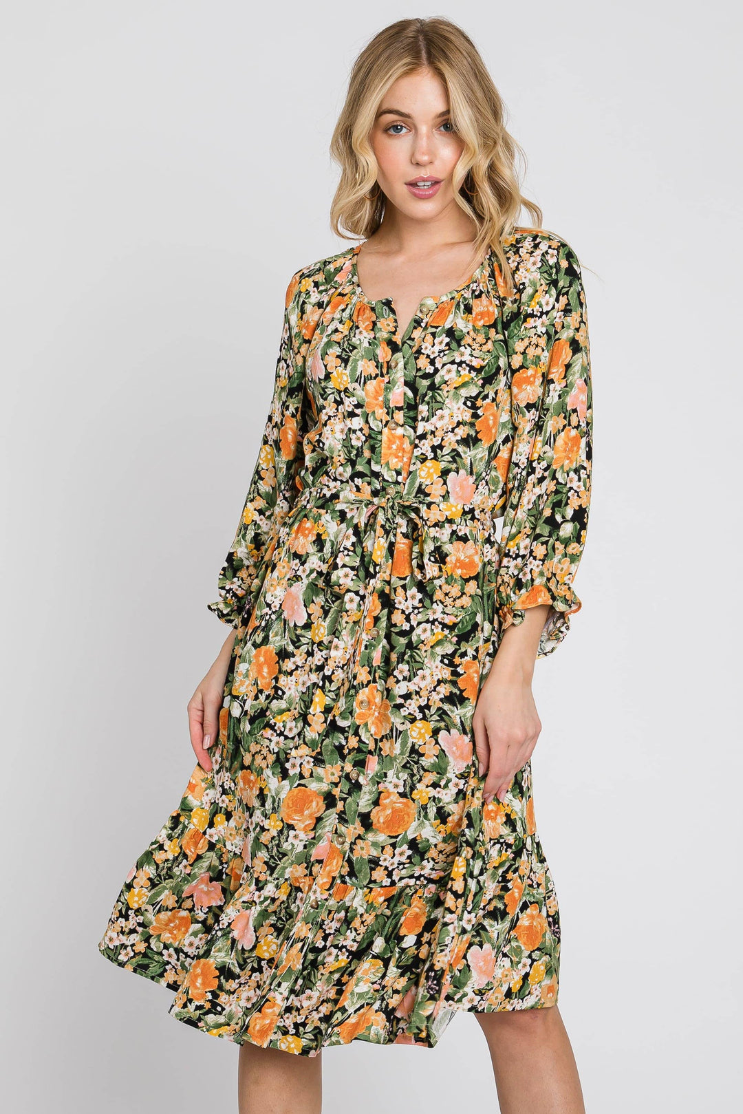 Marigold Print 3/4 Sleeve Flowy Dress