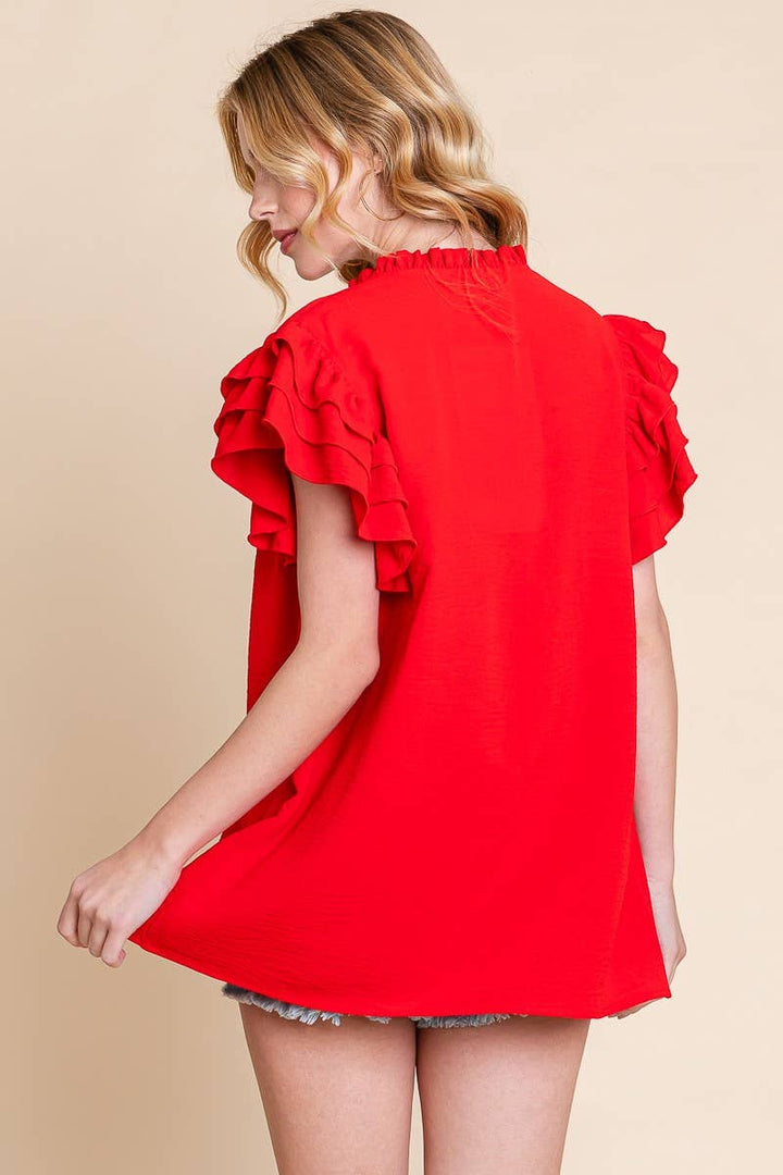 AIRFLOW OVERSIZED RUFFLE SLEEVE BLOUSE - BURGUNDY
