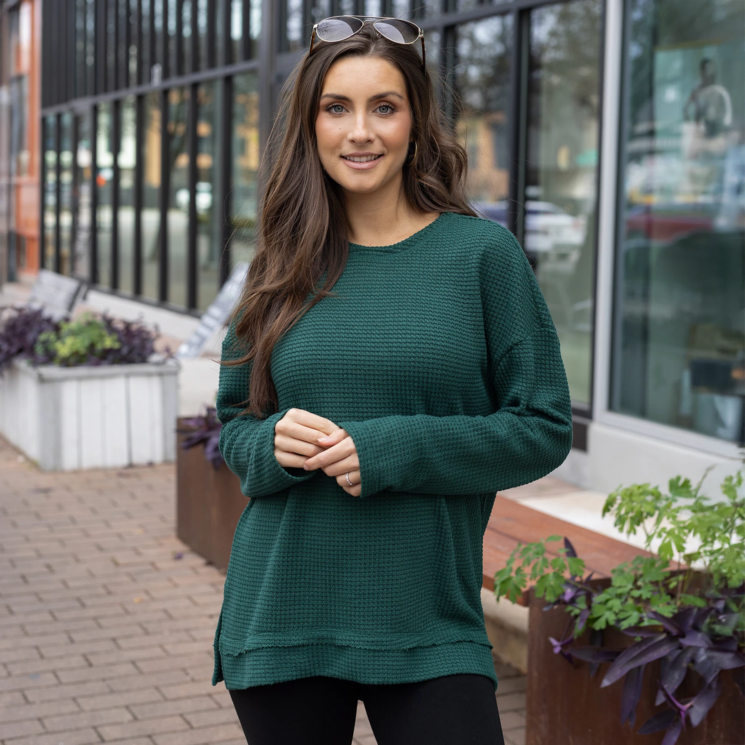 Slouchy Waffle Pullover in Emerald