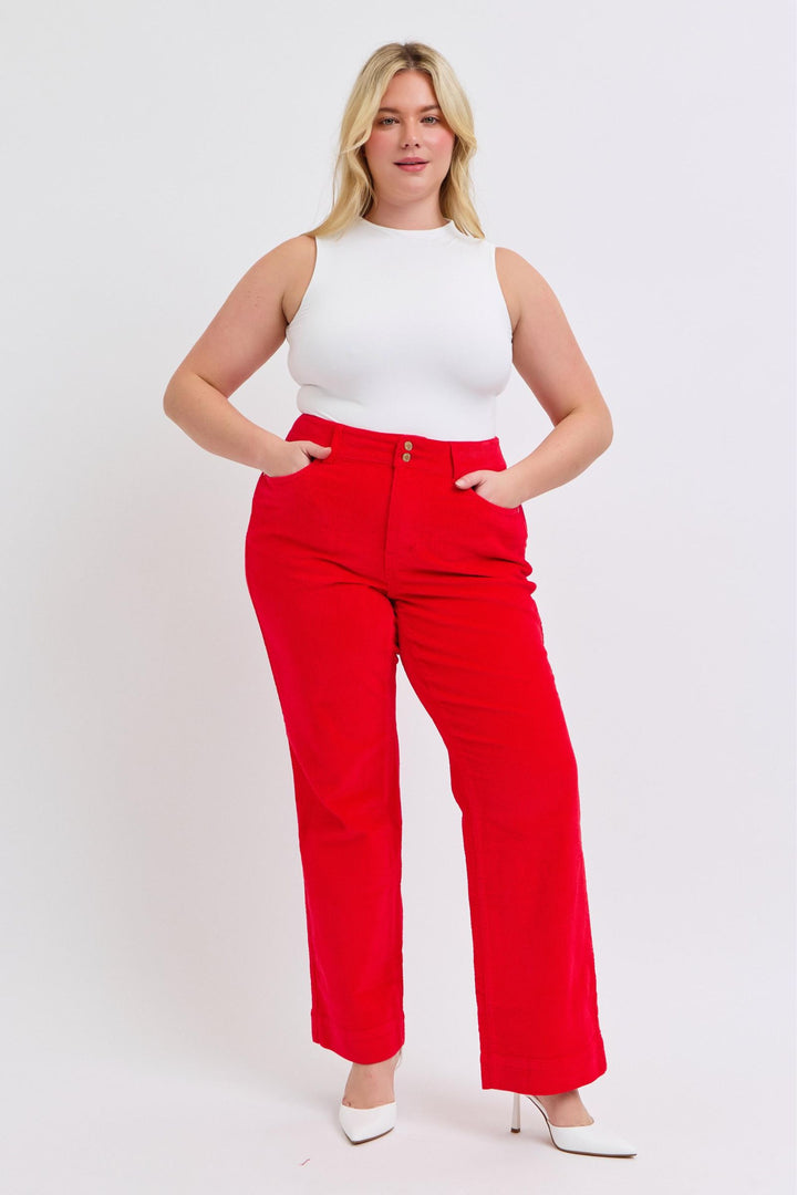 Judy Blue High Waist Corduroy Trouser Wide Leg- Ruby - Plus Sizing