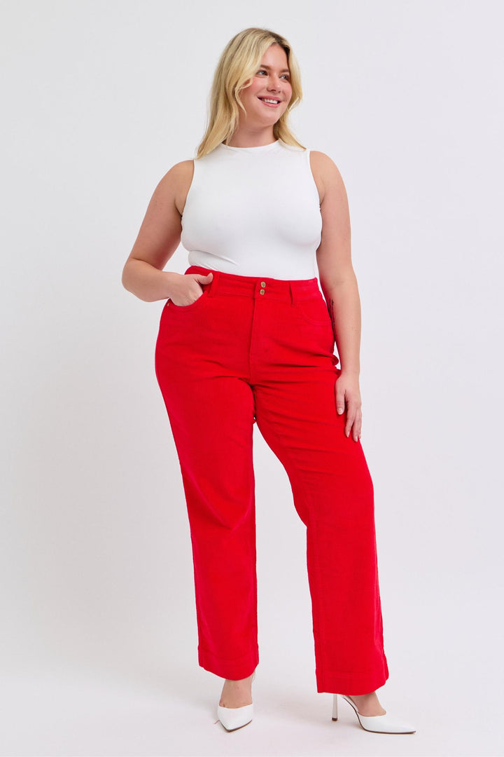 Judy Blue High Waist Corduroy Trouser Wide Leg- Ruby - Plus Sizing