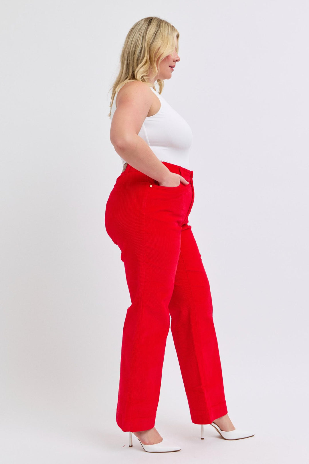 Judy Blue High Waist Corduroy Trouser Wide Leg- Ruby - Plus Sizing