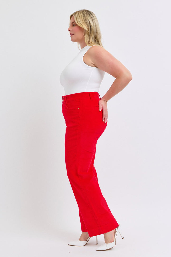 Judy Blue High Waist Corduroy Trouser Wide Leg- Ruby - Plus Sizing