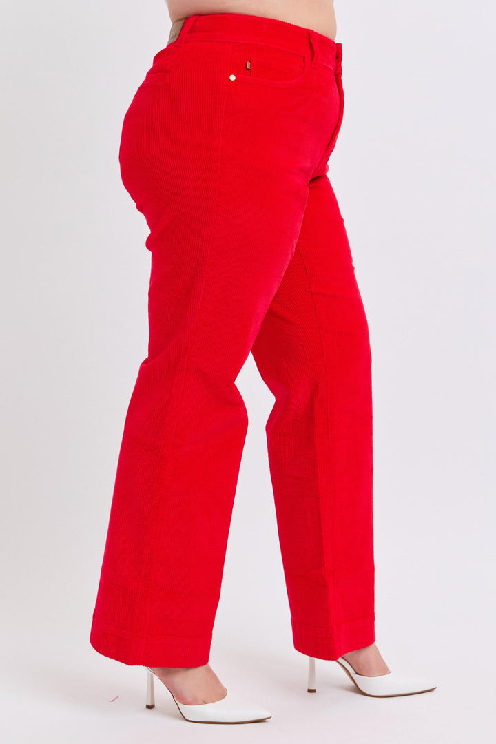 Judy Blue High Waist Corduroy Trouser Wide Leg- Ruby - Plus Sizing