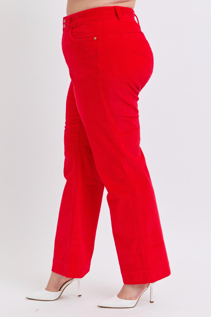 Judy Blue High Waist Corduroy Trouser Wide Leg- Ruby - Plus Sizing