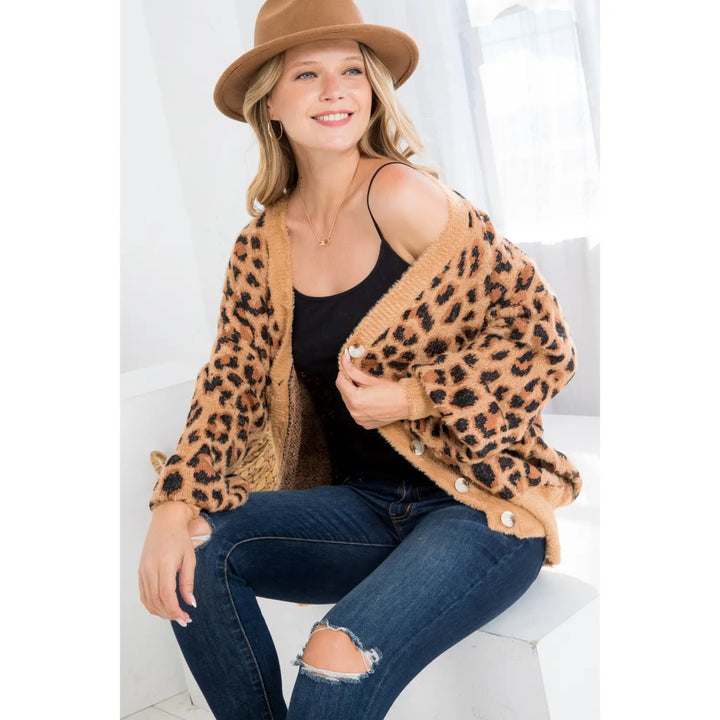 FURRY LEOPARD PATTERN BUTTON DOWN CARDIGAN