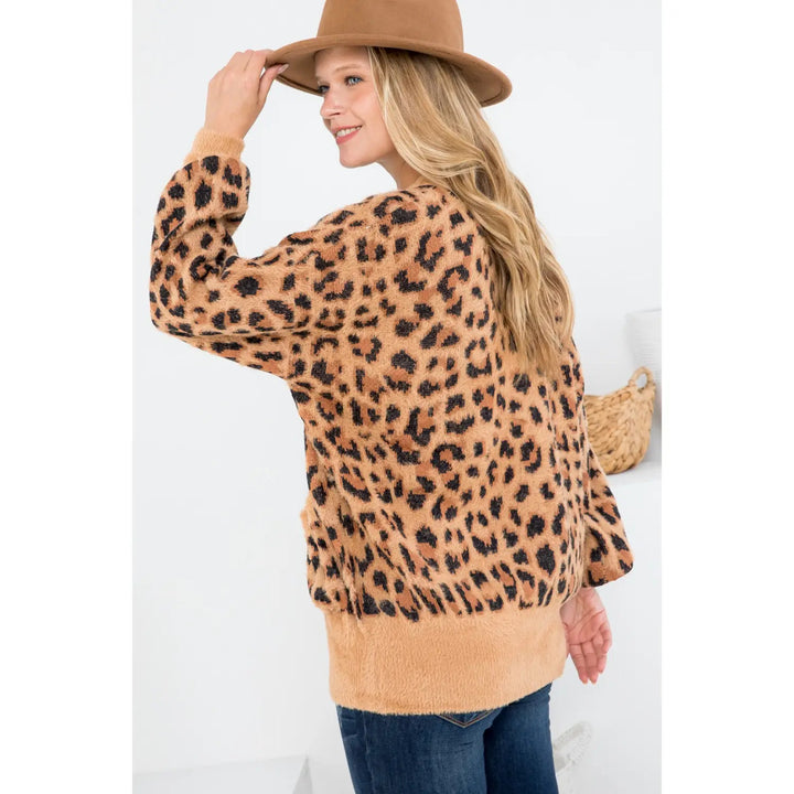 FURRY LEOPARD PATTERN BUTTON DOWN CARDIGAN