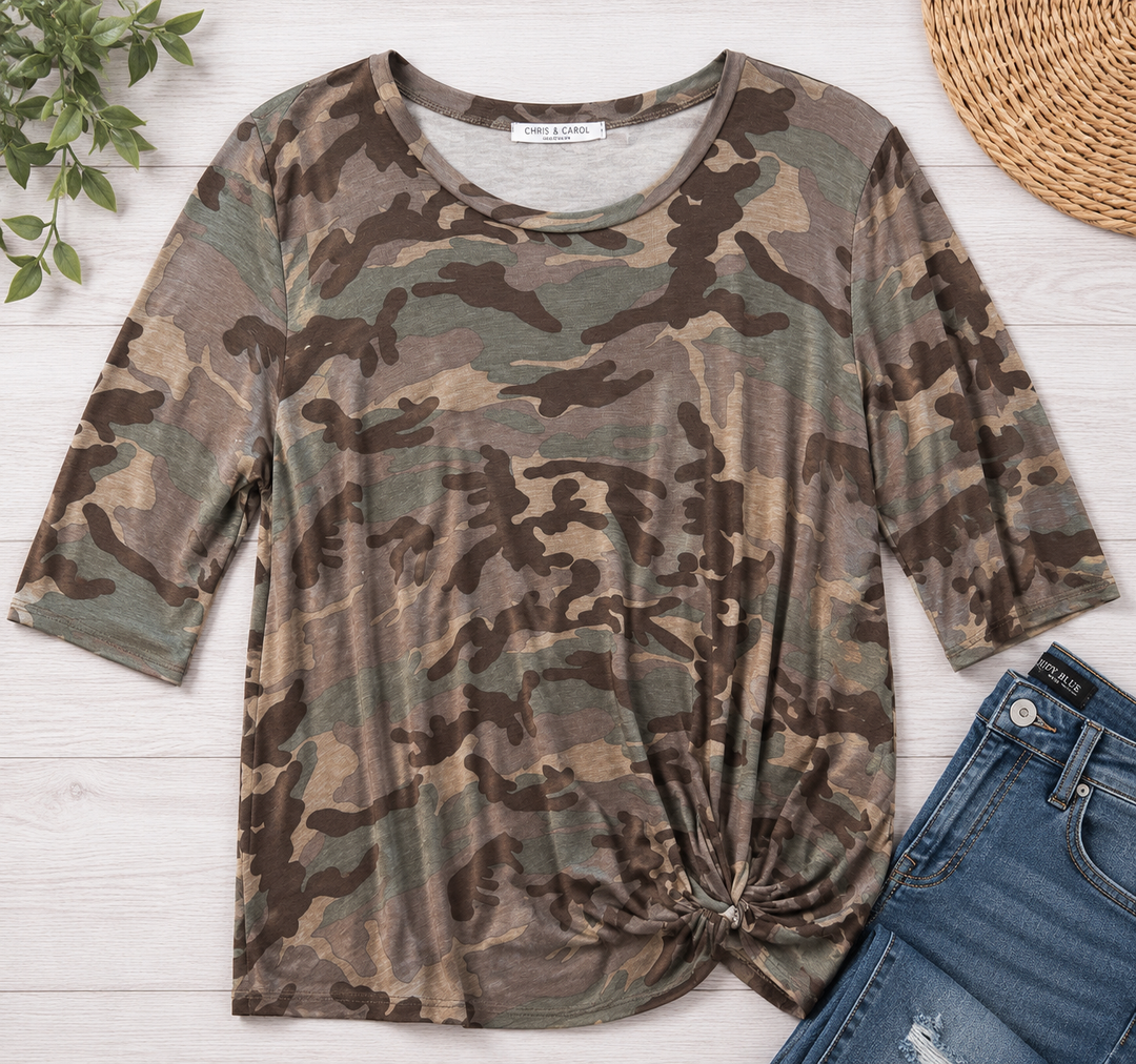 Weekend Warrior Camo Twist Front Mid-Sleeve Top