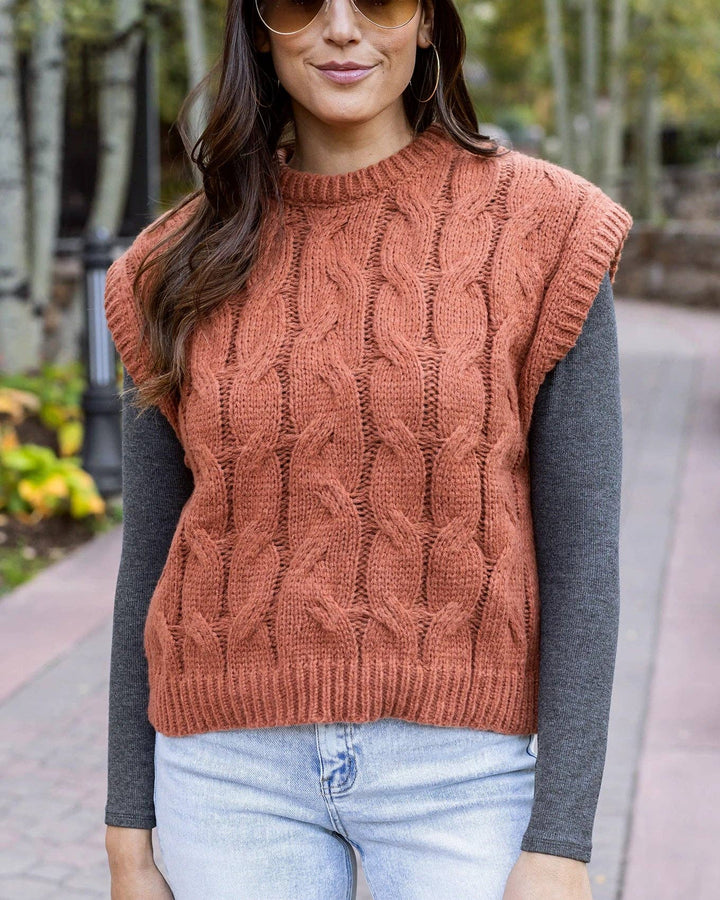 Grace and Lace Cabled Knit Sweater Vest in Cider