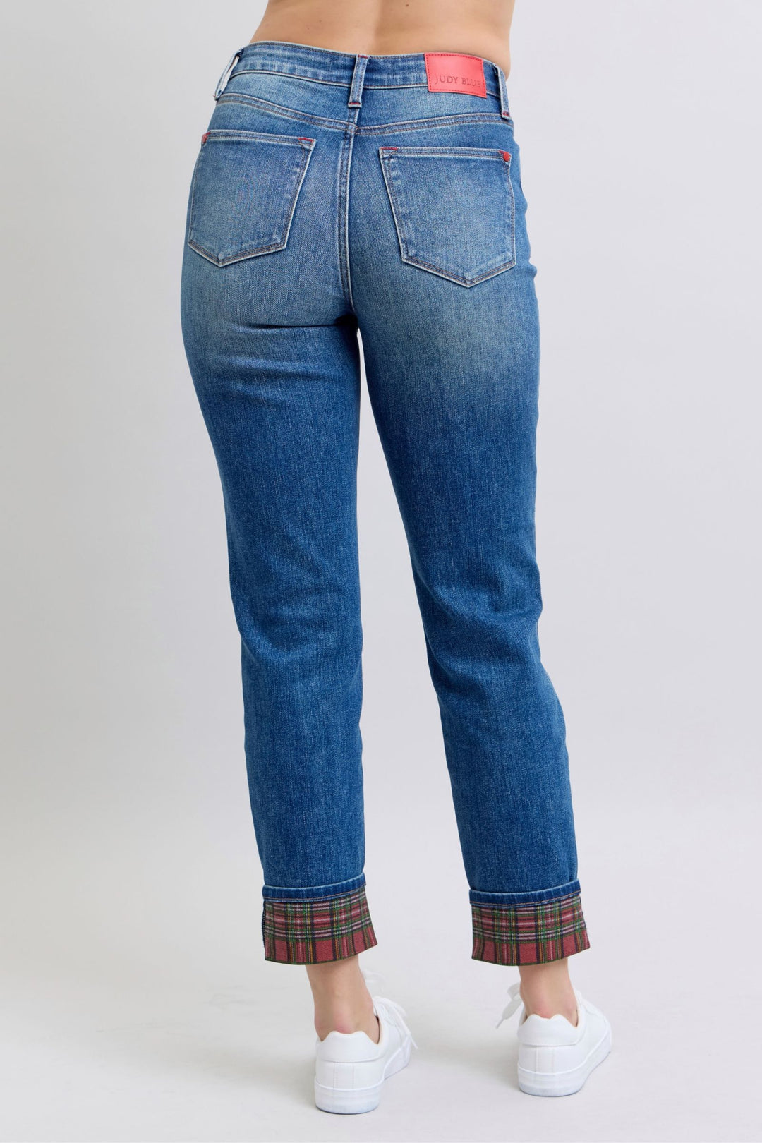 Judy Blue Mid Rise Plaid Print Cuff Boyfriend Jeans